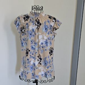 Adrienne Vittadini Beige Floral Smocked Neck Blouse with Blue Accents